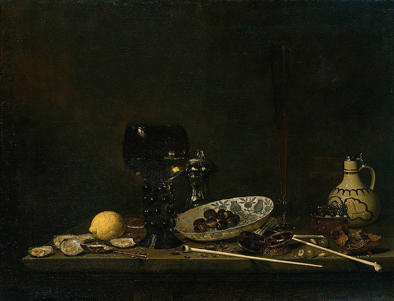Still life with wineglass, flute glass, earthenware jug and pipes